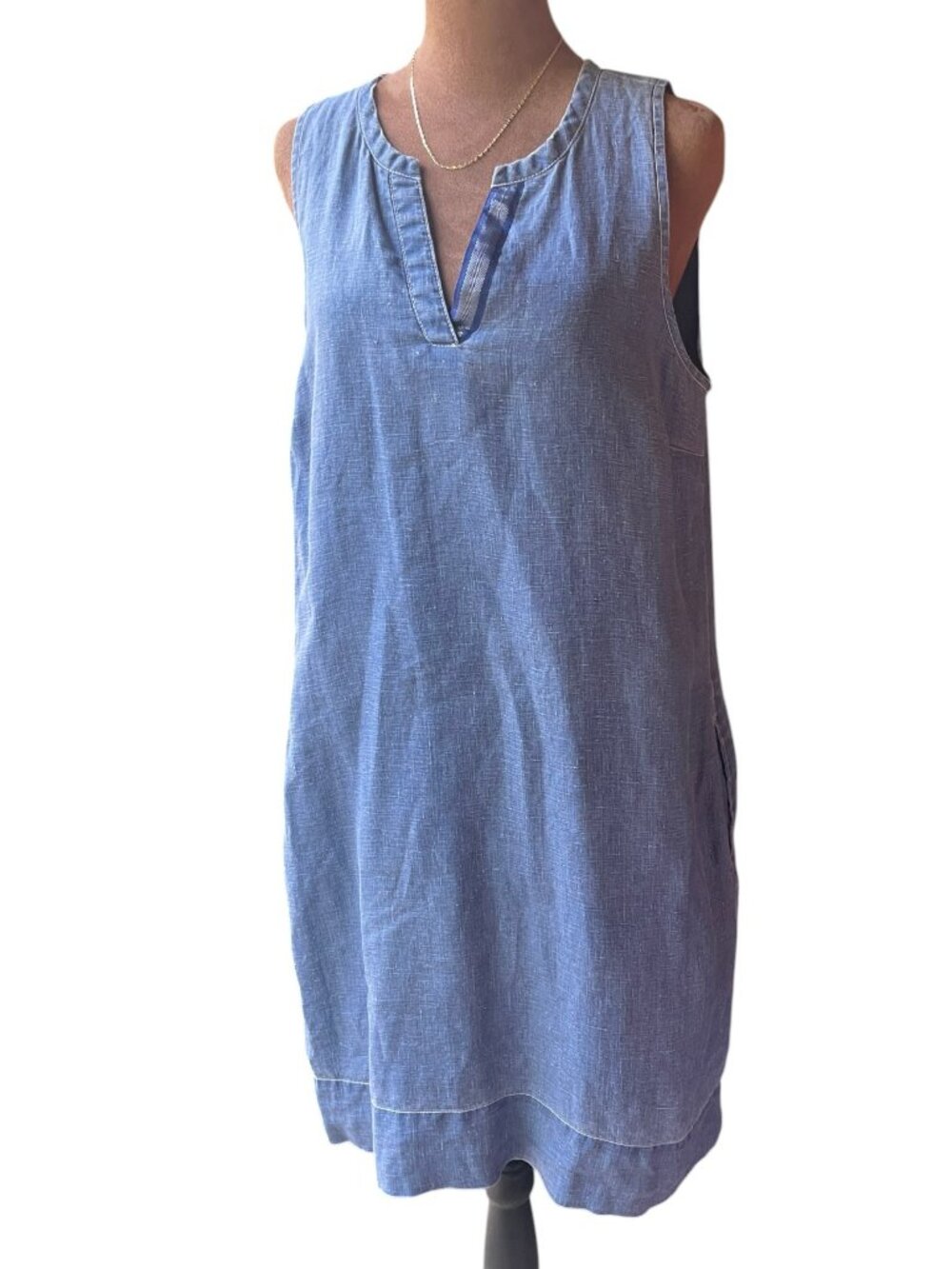 Tommy Bahama Blue Sleeveless Split Neck 100% Linen Shift Dress M